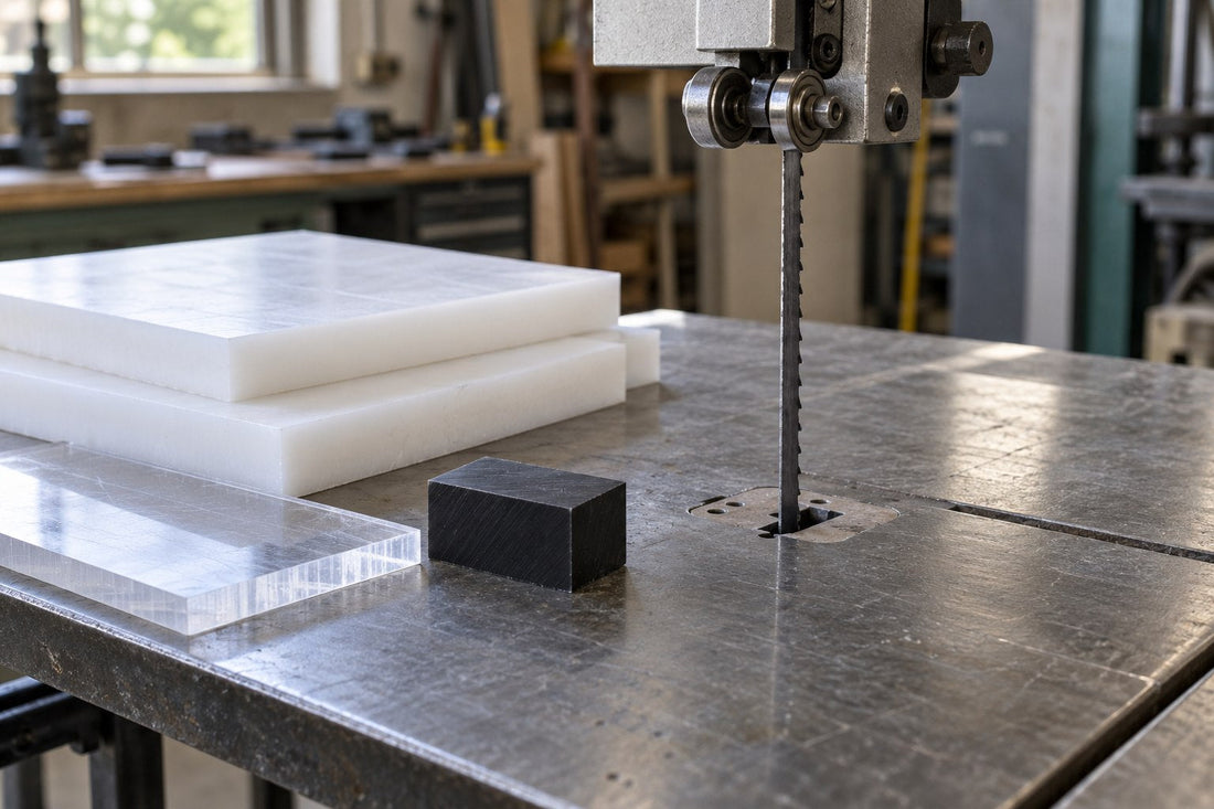 Witte kunststofplaten, acryl en een zwart kunststofblok bij een lintzaagmachine.