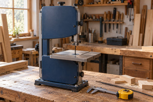 Compacte lintzaagmachine met schuifmaat en rolmaat op een houten werkbank.
