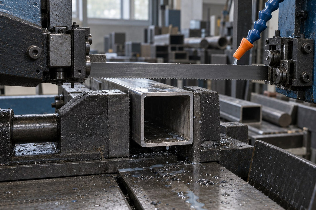 Metalen koker in de klem van een horizontale lintzaagmachine met koelvloeistofnozzle.
